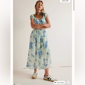 Free People Forget Me Not  Floral Smocked Distressed Vintage Midi Dress